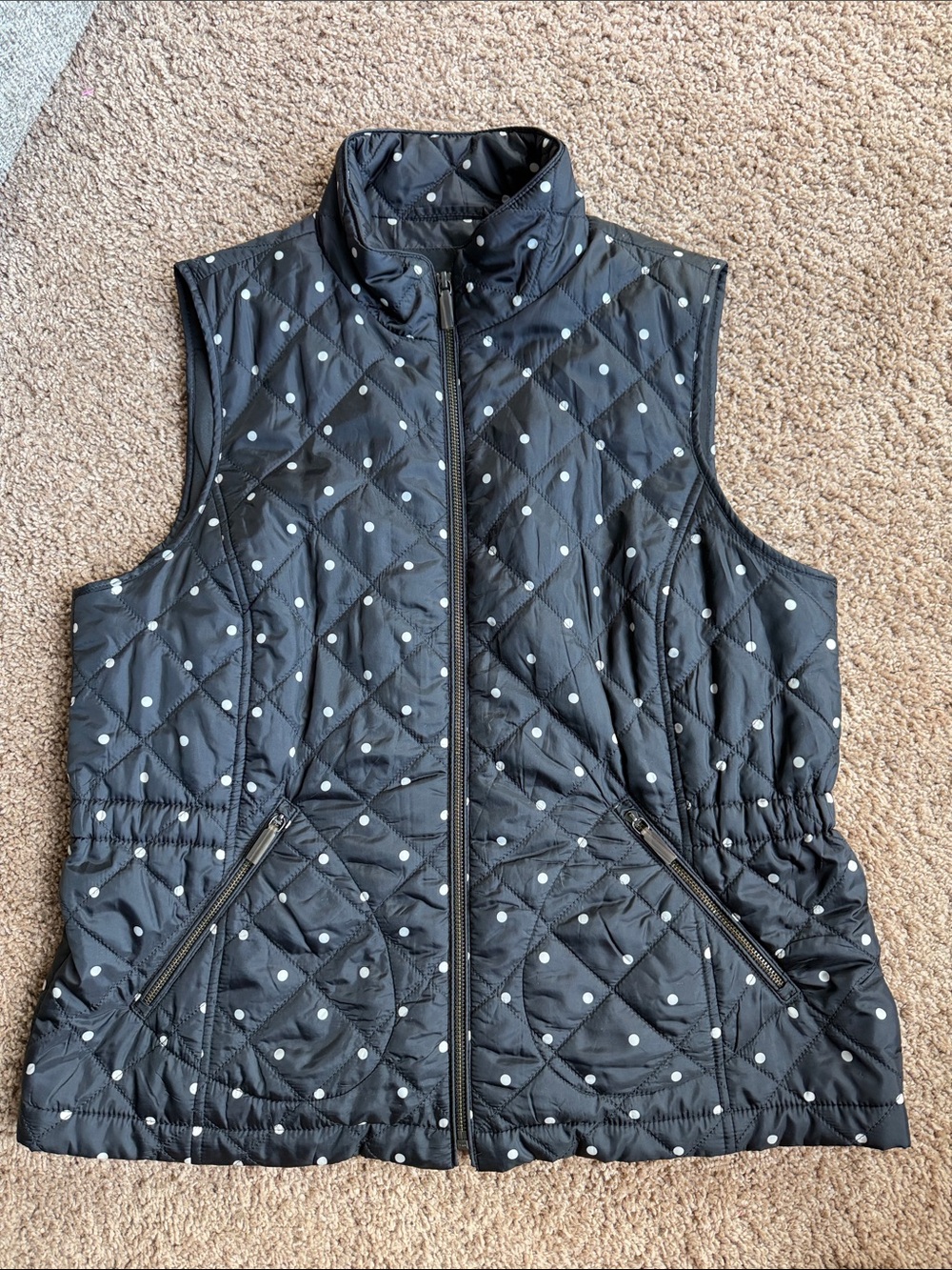 Talbots Black Quilted Polka Dot Zip Vest